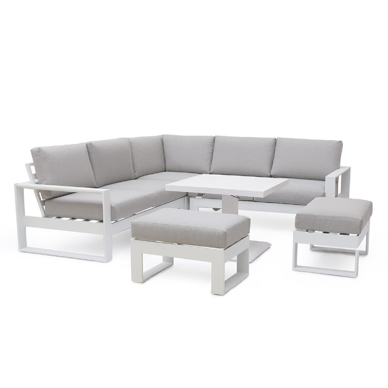 MZ Amalfi 7 Seater Aluminium Corner Dining Set with Square Rising Table - White