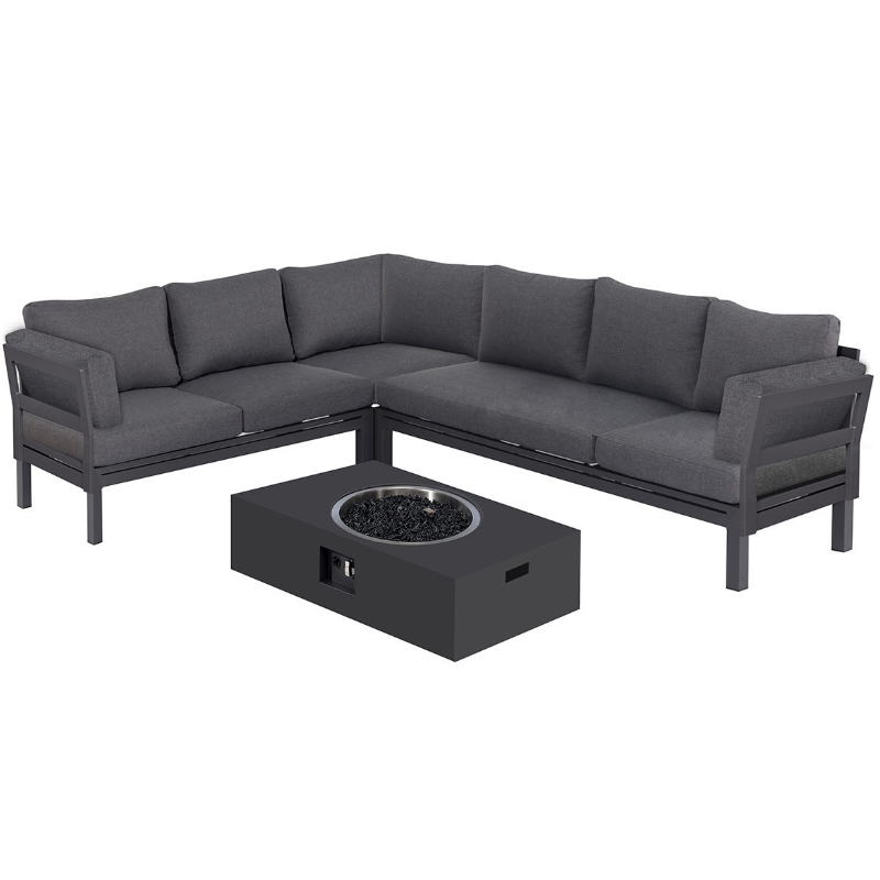 MZ Oslo 6 Seater Aluminium Corner Sofa with Rectangular Fire Pit Table - Grey