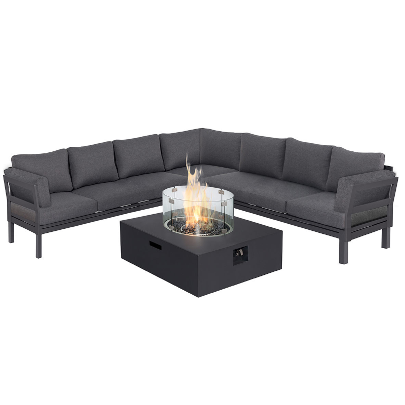 MZ Oslo 7 Seater Aluminium Corner Sofa with Square Gas Fire Pit Table - Grey