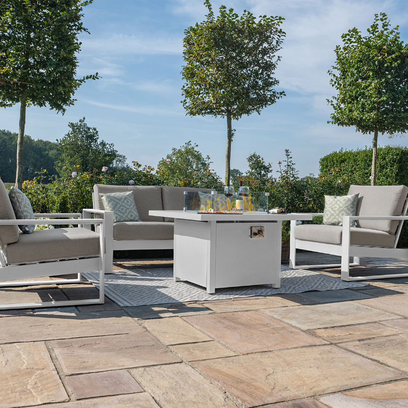 MZ Amalfi 6 Seater Aluminium Sofa Set with Square Fire Pit Table - White
