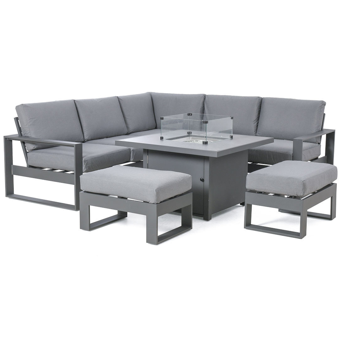 MZ Amalfi 7 Seater Aluminium Corner Group with Fire Pit Table - Grey