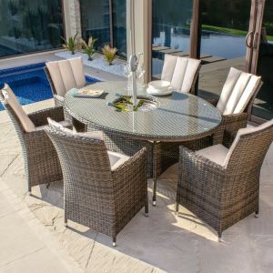Miami 6 Seater Oval Rattan Dining Set with Ice Bucket & Lazy Susan - Brown