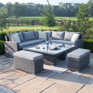 Hampton Rattan Deluxe Corner 4-8 Seater Dining Set with Rising Table - Grey