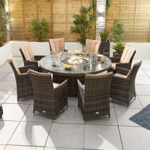 Elara 8 Seater Round Rattan Dining Set with Fire Pit - Brown