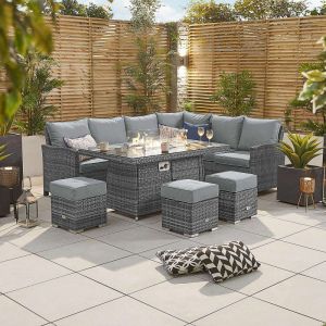 Elara 5-8 Seater Right Hand Corner Rattan Dining Set with Fire Pit Table - Grey