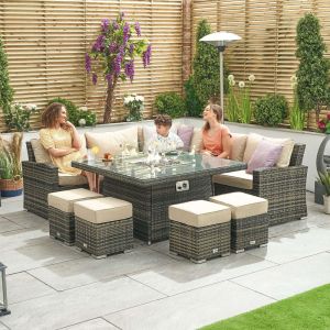 Elara 4-8 Seater Deluxe Rattan Corner Dining Set with Fire Pit Table - Brown