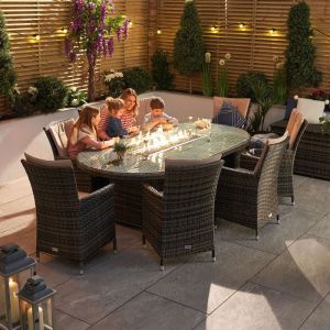 Elara 8 Seater Oval Rattan Dining Set with Fire Pit - Brown