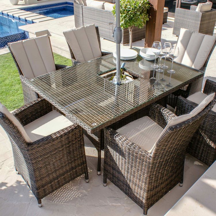 Miami 6 Seater Rectangular Rattan Dining Set with Ice Bucket - Brown