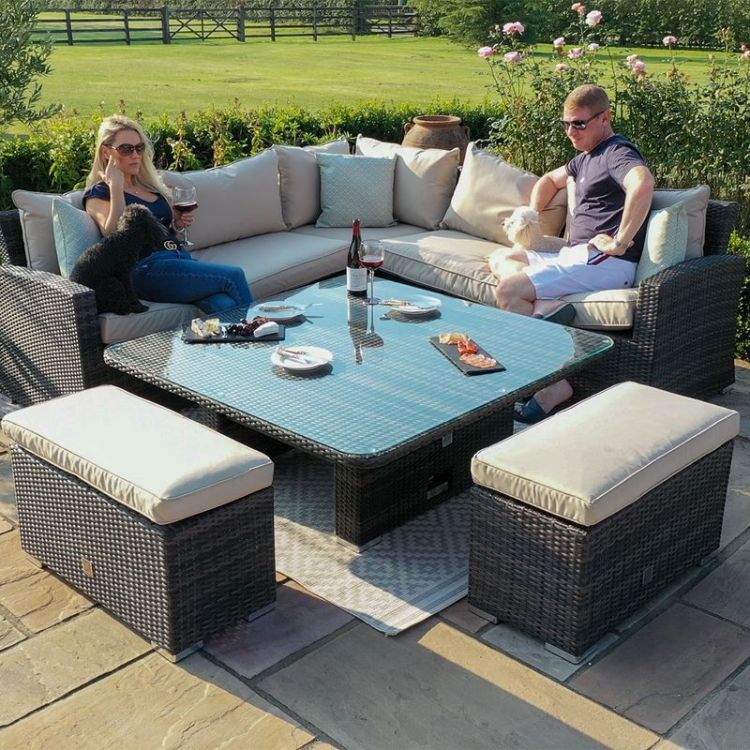 Hampton Rattan Deluxe Corner 4-8 Seater Dining Set with Rising Table - Brown