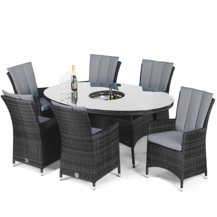 Miami 6 Seater Oval Rattan Dining Set with Ice Bucket & Lazy Susan - Grey