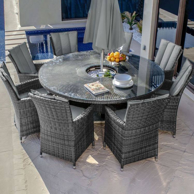 Miami 8 Seater Round Rattan Dining Set with Ice Bucket & Lazy Susan - Grey