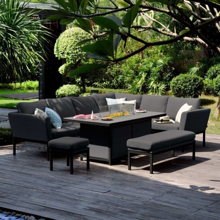 MZ Pulse 8 Seater Outdoor Fabric Left Hand Rectangular Corner Dining Set with Fire Pit Table - Charcoal Black