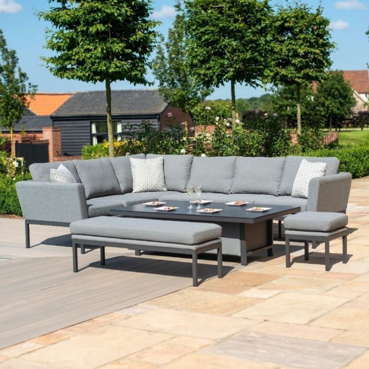 MZ Pulse 8 Seater Outdoor Fabric Rectangular Corner Dining Set With Rising Table - Grey