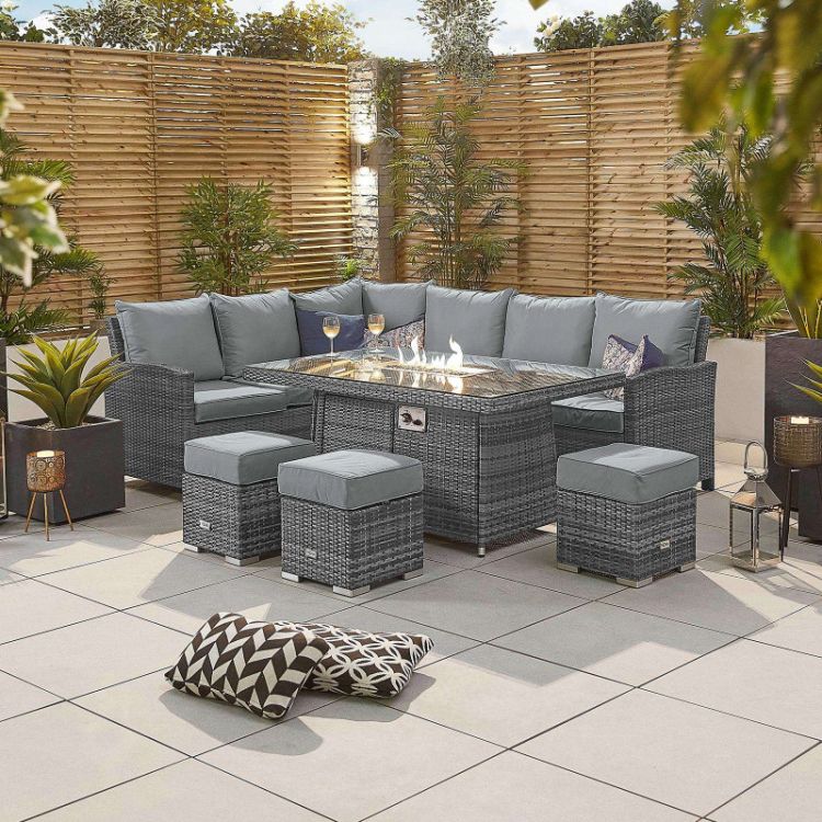 Elara 5-8 Seater Left Hand Corner Rattan Dining Set with Fire Pit Table - Grey