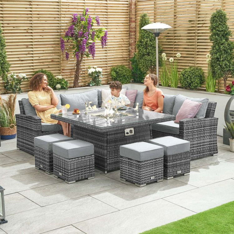 Elara 4-8 Seater Deluxe Rattan Corner Dining Set with Fire Pit Table - Grey