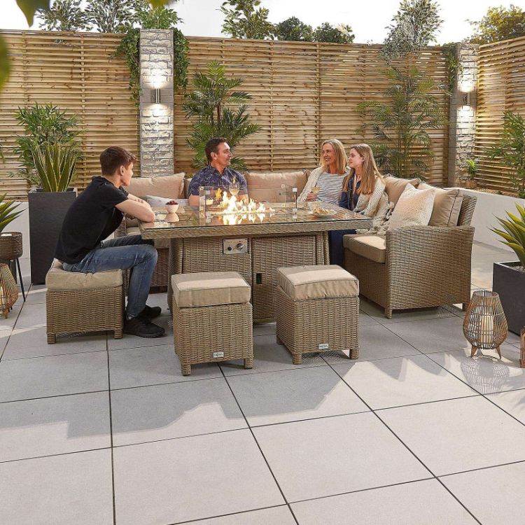 Europa 5-8 Seater Right Hand Corner Rattan Dining Set with Fire Pit Table - Willow