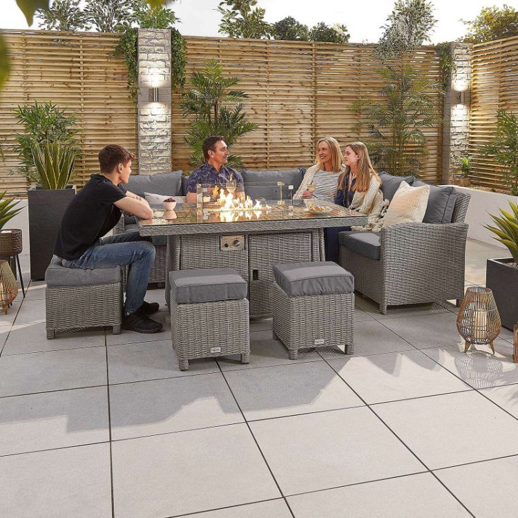 Europa 5-8 Seater Right Hand Corner Rattan Dining Set with Fire Pit Table - White Wash