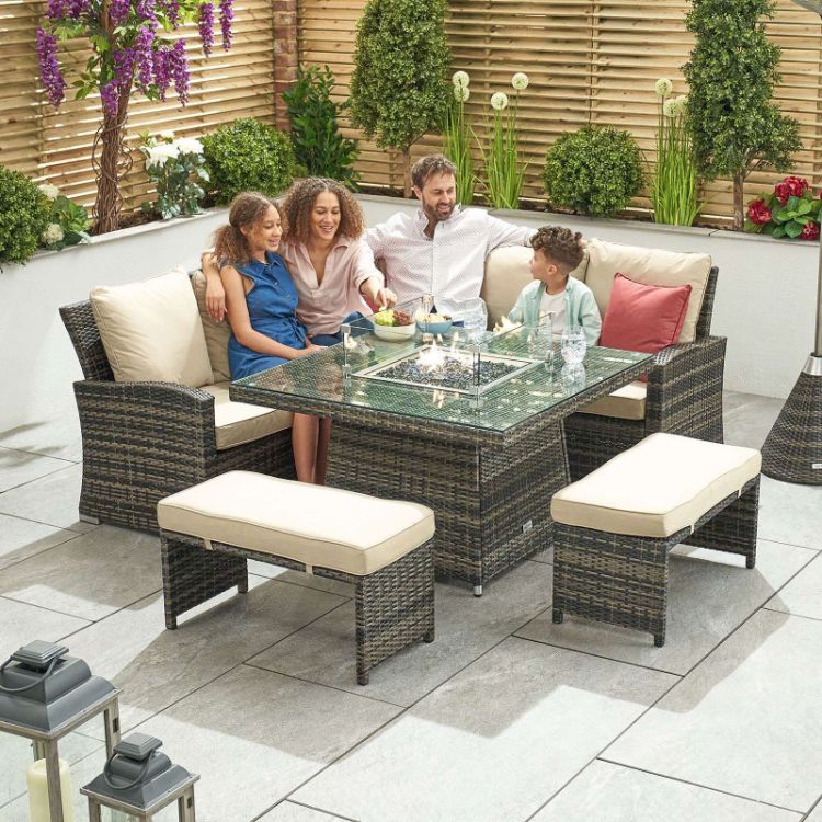 Elara 4-8 Seater Compact Corner Rattan Dining Set with Fire Pit Table - Brown