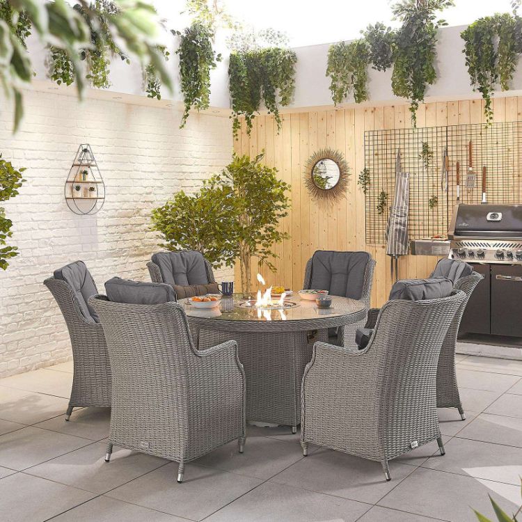 Europa 6 Seater Round Rattan Dining Set with Fire Pit - White Wash