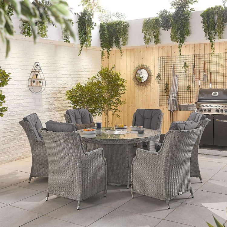 Europa 6 Seater Round Rattan Dining Set With Fire Pit White Wash - Round Garden Furniture With Fire Pit Table