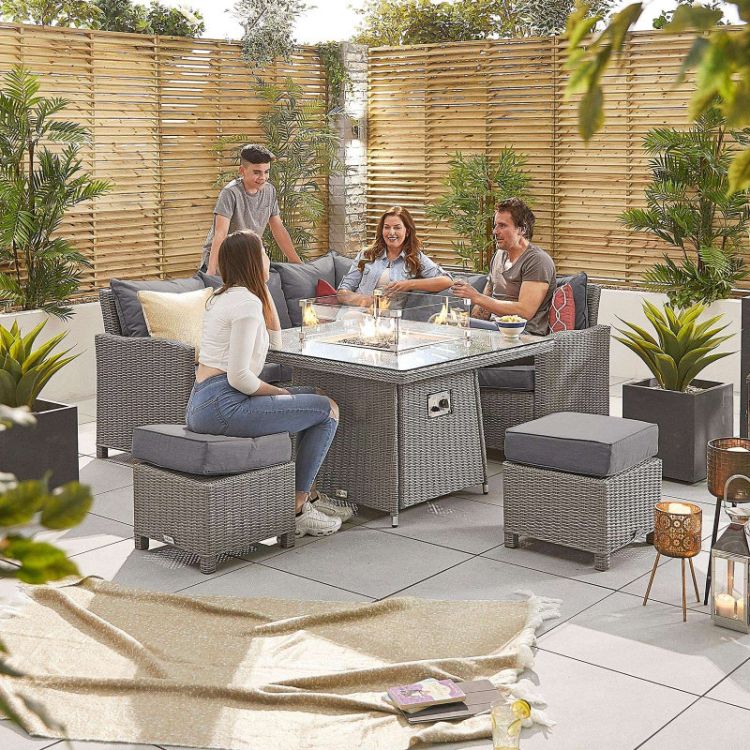 Europa 4-6 Seater Compact Rattan Corner Dining Set with Fire Pit Table - White Wash