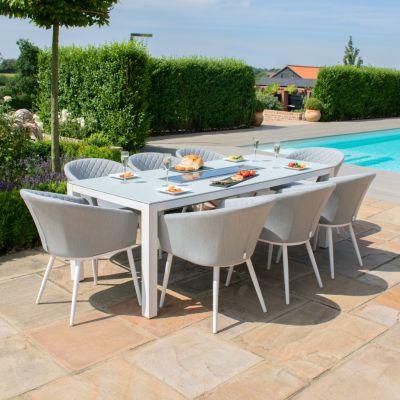 Leamington 8 Seater Outdoor Fabric Rectangular Dining Set With Fire Pit - Light Grey