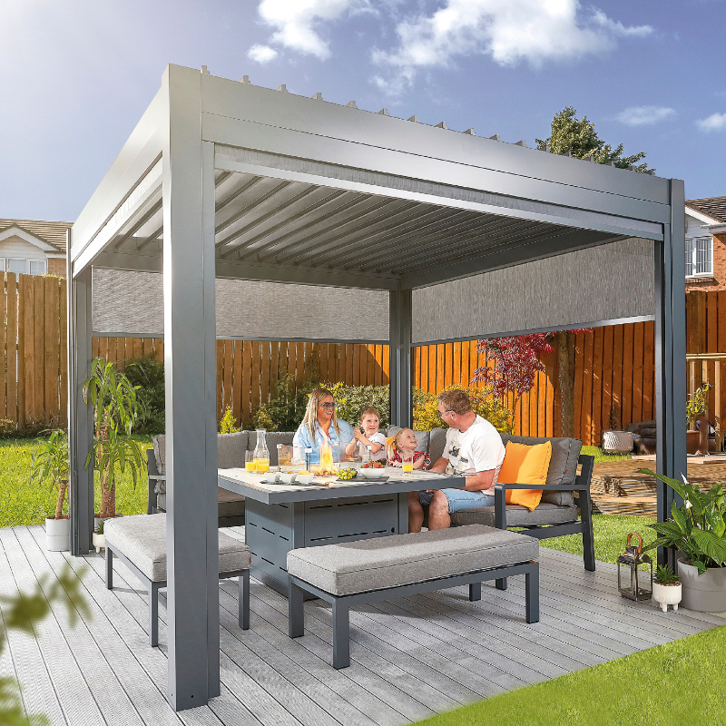 Hex Living 3m x 3m Marchington Aluminium Pergola With LED Lighting System - Grey at Rattan Garden Furniture