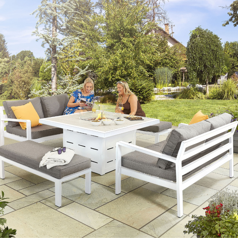 Hex Living Tutbury 6 Seater Aluminium Sofa & Bench Set With Firepit Table - White at Rattan Garden Furniture