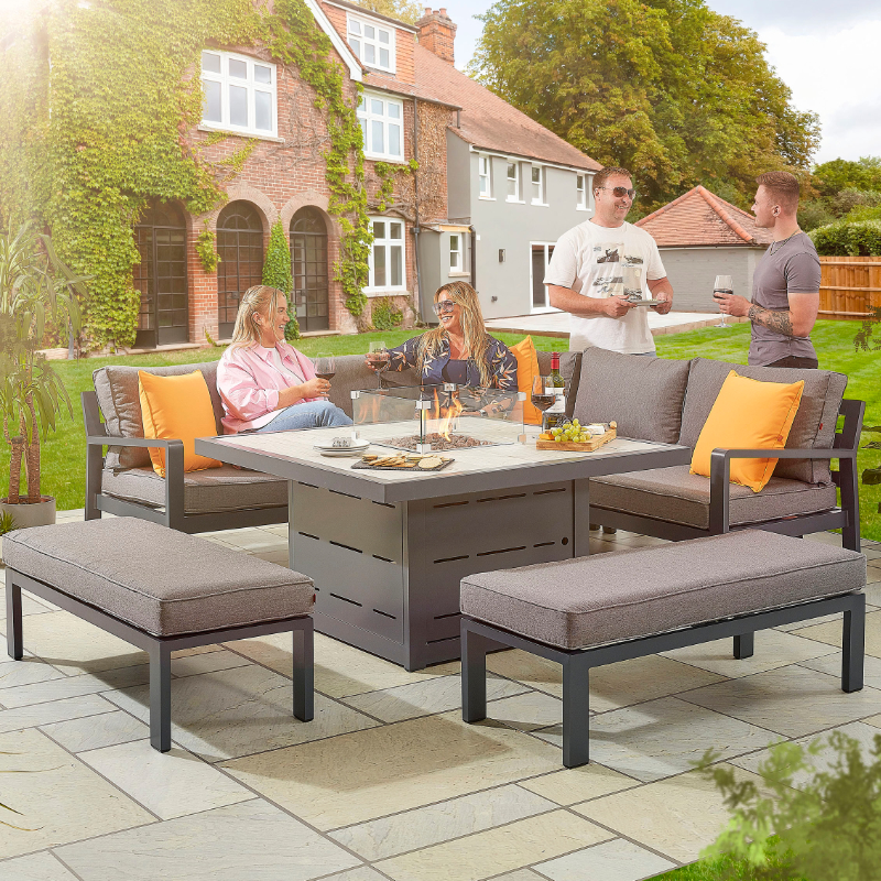 Hex Living Tutbury 8 Seater Aluminium Corner Sofa Set With Firepit Table - Grey
