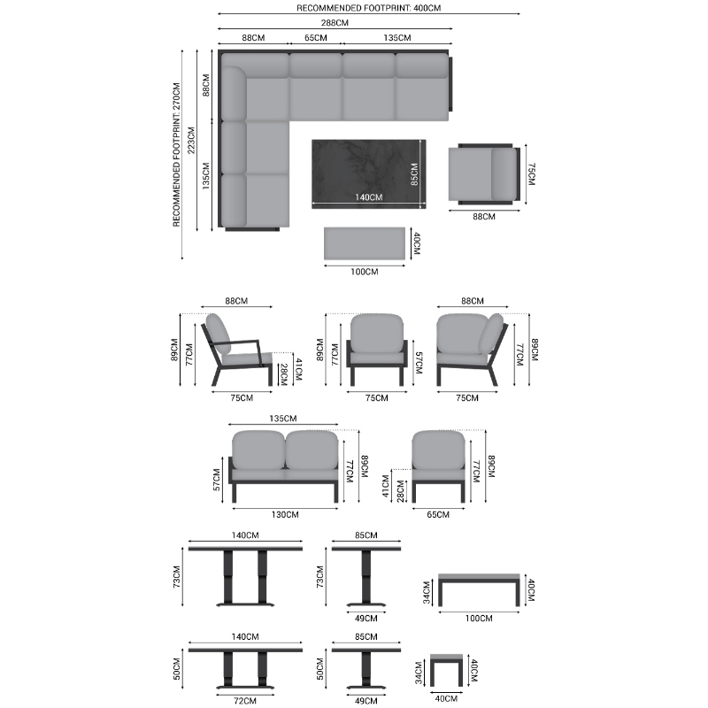 Metis 7-9 Seater Aluminium Dining Corner Sofa Set with Rising Table, Armchair & Bench - Grey