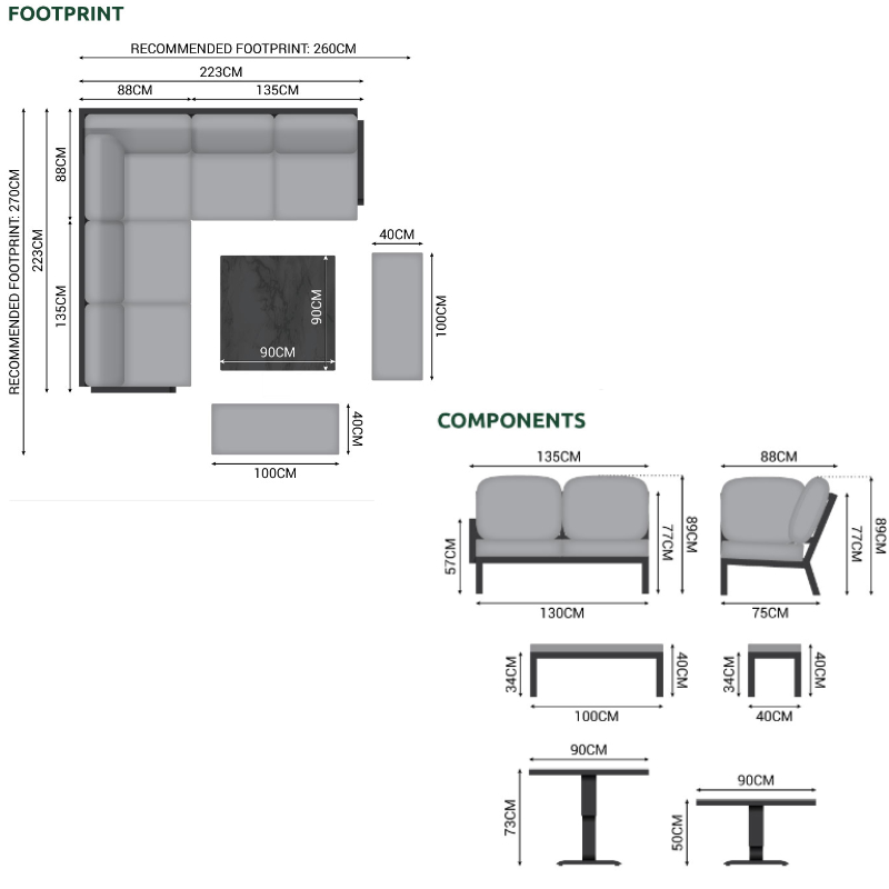 Metis 7-9 Seater Aluminium Dining Corner Sofa Set with Rising Table & Benches - Grey