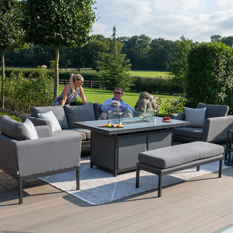 MZ Pulse 5 Seater Outdoor Fabric Sofa Set with Fire Pit Table - Grey at Rattan Garden Furniture