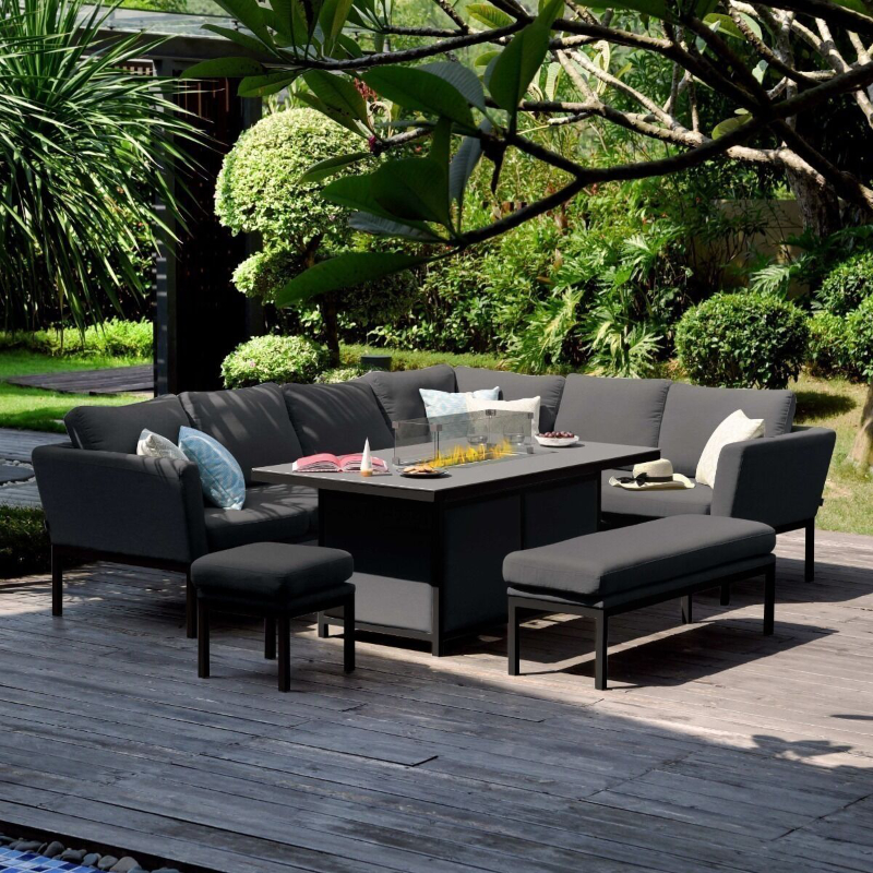 MZ Pulse 8 Seater Outdoor Fabric Left Hand Rectangular Corner Dining Set with Fire Pit Table -... at Rattan Garden Furniture