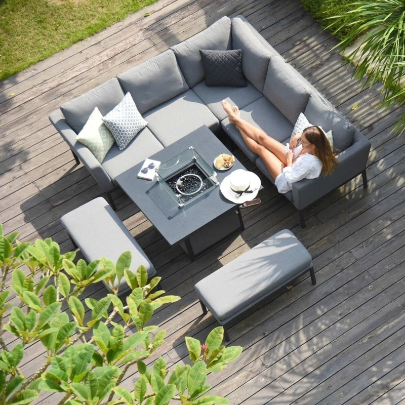 MZ Pulse 8 Seater Outdoor Fabric Square Corner Dining Set With Fire Pit Table - Grey at Rattan Garden Furniture