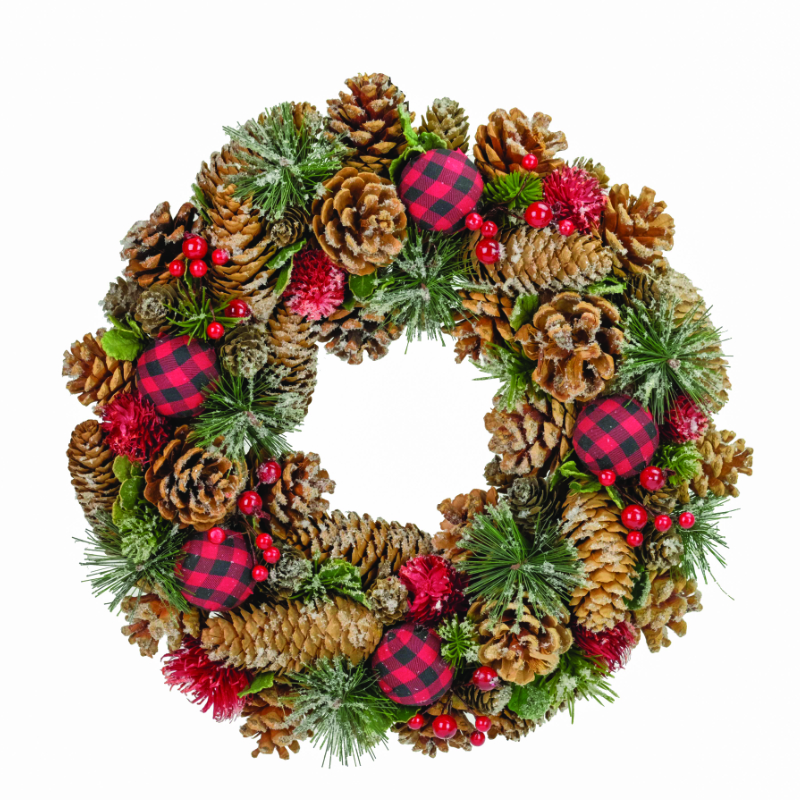 Osbourne Red Bauble Frosted Pinecone Christmas Wreath - 34cm