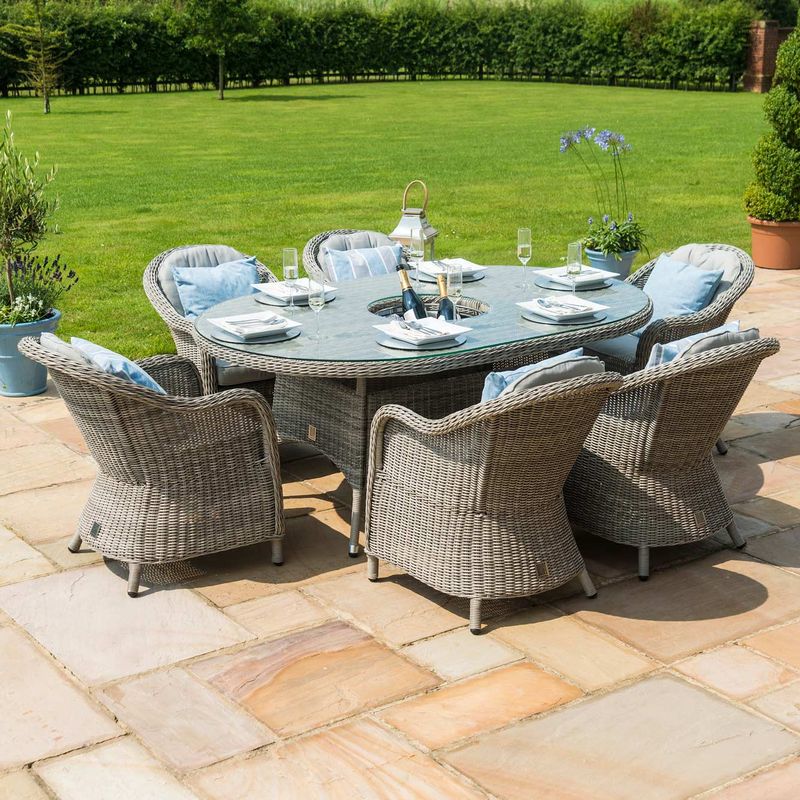 MZ Oxford 6 Seater Oval Rattan Dining Set with Heritage Chairs Ice Bucket & Lazy Susan at Rattan Garden Furniture