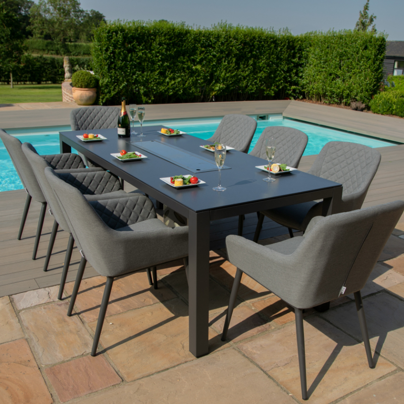 Prague 8 Seater Outdoor Fabric Rectangular Dining Set with Fire Pit Table - Flanelle