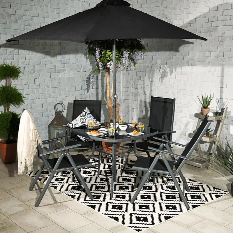 RC Rio 4 Seater Metal Dining Set With Reclining Chairs & Parasol - Black