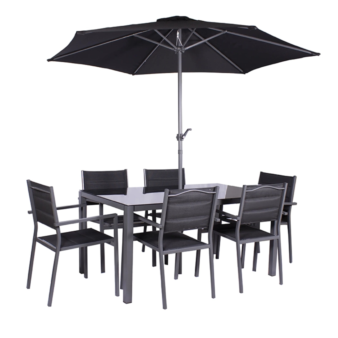 RC Sorrento 6 Seater Metal Dining Set With Parasol - Black