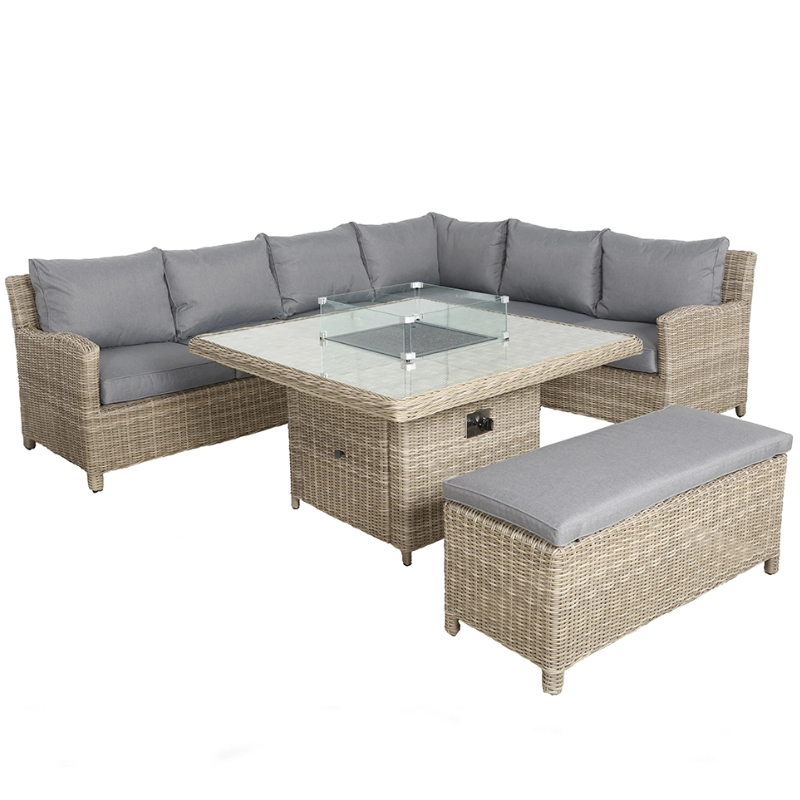 RC Wentworth 5-7 Seater Rattan Deluxe Modular Corner Dining Sofa Set With Square Firepit Table